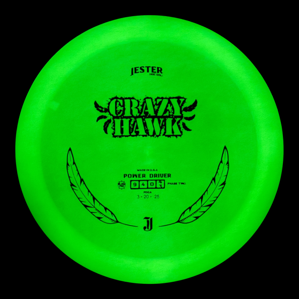Jester Disc Golf Crazy Hawk glow power driver disc in bright neon green with black stamp design